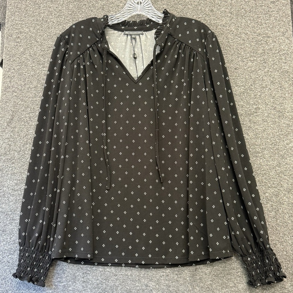 Adrianna Papell Women's Ruffle Neck Blouse Black Geo Pattern NWT Sz Large Top